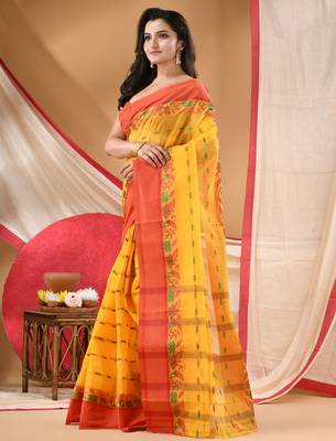 tant cotton saree patralika design for woman yellow without blouse 3