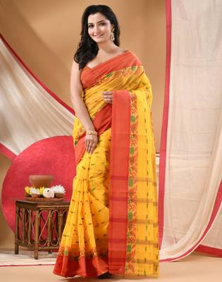 tant cotton saree patralika design for woman yellow without blouse 4