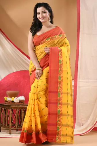 tant cotton saree patralika design for woman yellow without blouse