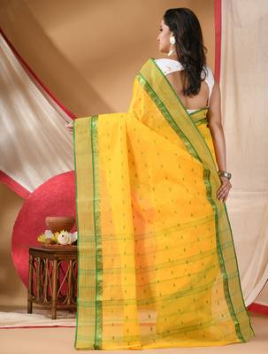 tant cotton kolkini saree for women yellow green without blouse 1
