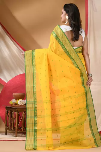tant cotton kolkini saree for women yellow green without blouse