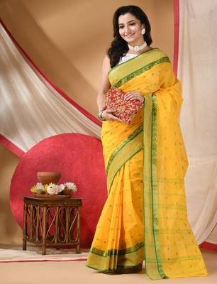 tant cotton kolkini saree for women yellow green without blouse 2