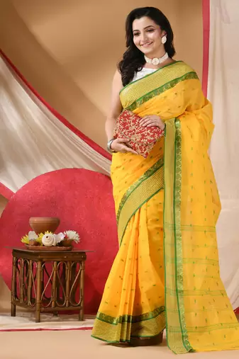 tant cotton kolkini saree for women yellow green without blouse