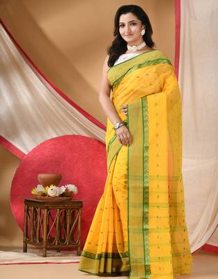 tant cotton kolkini saree for women yellow green without blouse 3
