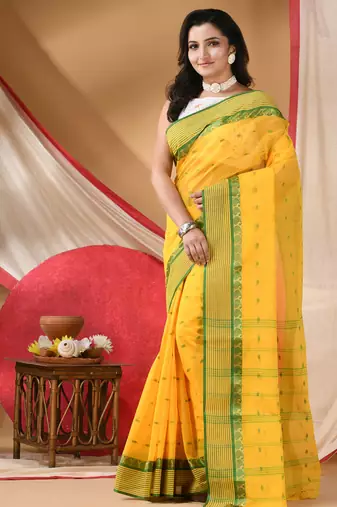tant cotton kolkini saree for women yellow green without blouse