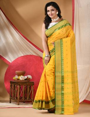 tant cotton kolkini saree for women yellow green without blouse 4