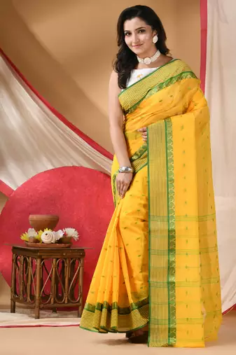 tant cotton kolkini saree for women yellow green without blouse