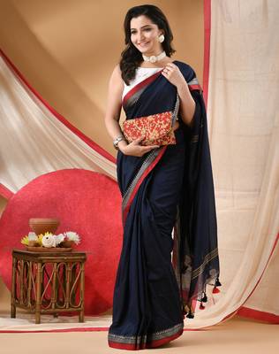 Women's cotton handloom chiffon bandhani golden temple malmal deep bule unstitched blouse piece sarees for women 1