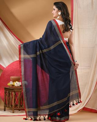 Women's cotton handloom chiffon bandhani golden temple malmal deep bule unstitched blouse piece sarees for women 2