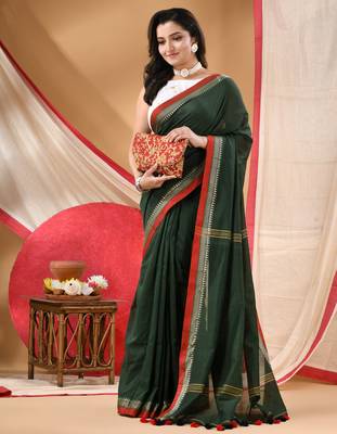 Women's cotton handloom chiffon bandhani golden temple malmal deep green unstitched blouse piece sarees for women 1