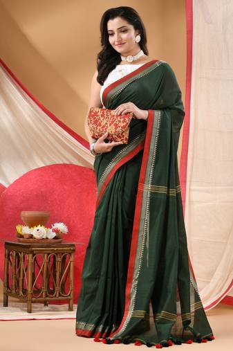 Women's cotton handloom chiffon bandhani golden temple malmal deep green unstitched blouse piece sarees for women