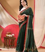 Women's cotton handloom chiffon bandhani golden temple malmal deep green unstitched blouse piece sarees for women