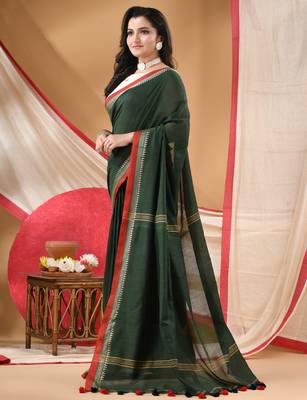 Women's cotton handloom chiffon bandhani golden temple malmal deep green unstitched blouse piece sarees for women 2