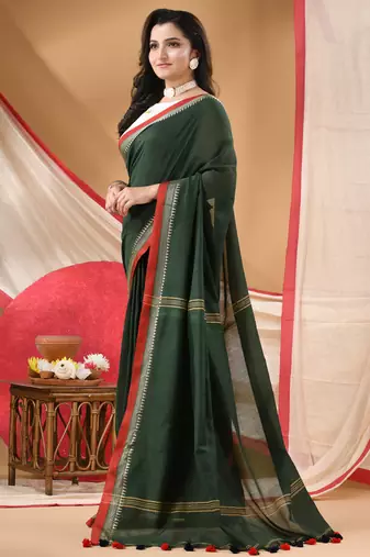 Women's cotton handloom chiffon bandhani golden temple malmal deep green unstitched blouse piece sarees for women