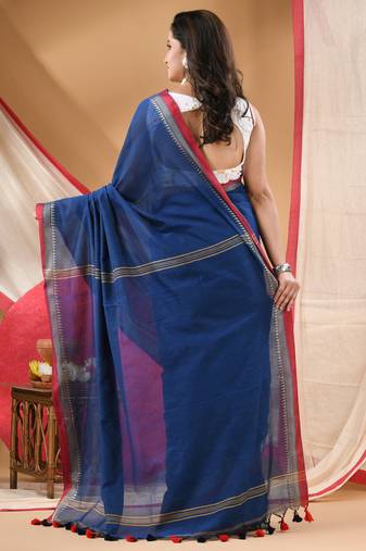 Women's cotton handloom chiffon bandhani golden temple malmal blue unstitched blouse piece sarees for women