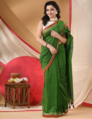 Women's cotton handloom chiffon bandhani golden temple malmal green unstitched blouse piece sarees for women 1