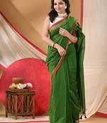 Women's cotton handloom chiffon bandhani golden temple malmal green unstitched blouse piece sarees for women
