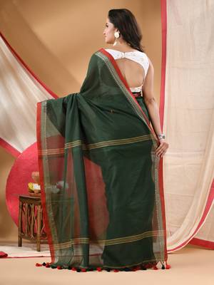 Women's cotton handloom chiffon bandhani golden temple malmal deep green unstitched blouse piece sarees for women 3