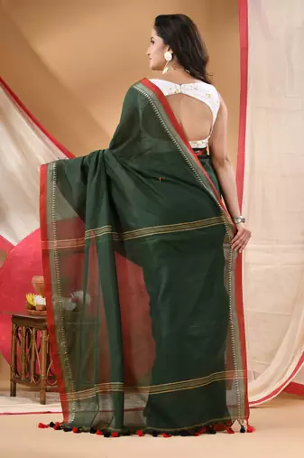 Women's cotton handloom chiffon bandhani golden temple malmal deep green unstitched blouse piece sarees for women