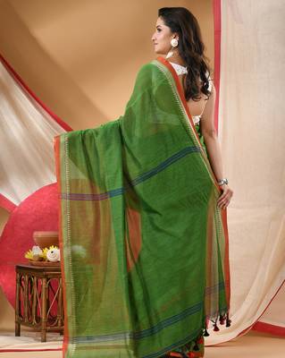 Women's cotton handloom chiffon bandhani golden temple malmal green unstitched blouse piece sarees for women 2