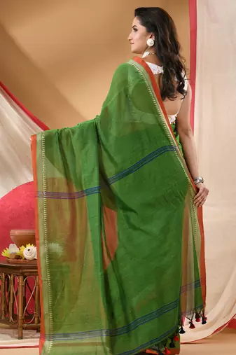 Women's cotton handloom chiffon bandhani golden temple malmal green unstitched blouse piece sarees for women