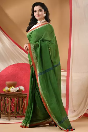 Women's cotton handloom chiffon bandhani golden temple malmal green unstitched blouse piece sarees for women