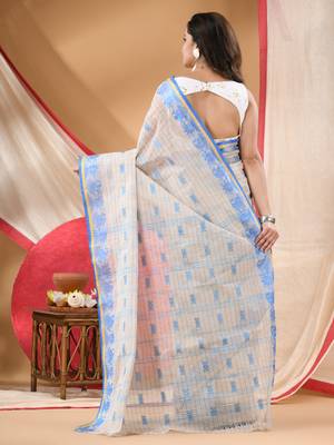 Women's cotton saree tant cotton suhani design for woman white blue without blouse 1