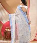 Women's cotton saree tant cotton suhani design for woman white blue without blouse