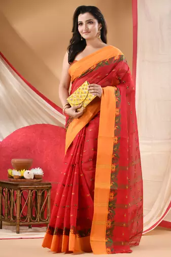 Women's tant cotton saree patralika design for woman red without blouse