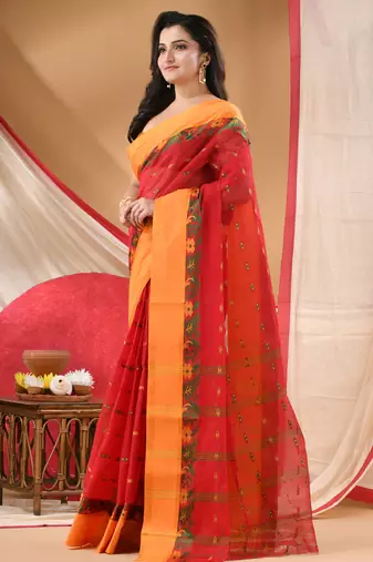 Women's tant cotton saree patralika design for woman red without blouse