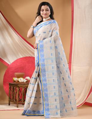 Women's cotton saree tant cotton suhani design for woman white blue without blouse 3