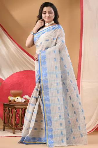 Women's cotton saree tant cotton suhani design for woman white blue without blouse