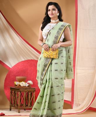 Women's cotton saree tant cotton suhani design for woman green without blouse 2