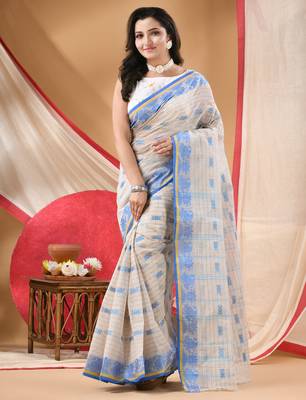 Women's cotton saree tant cotton suhani design for woman white blue without blouse 4