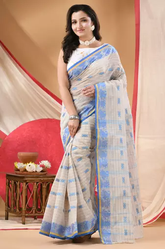 Women's cotton saree tant cotton suhani design for woman white blue without blouse