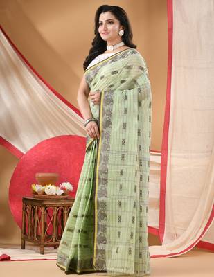 Women's cotton saree tant cotton suhani design for woman green without blouse 3