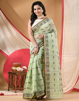 Women's cotton saree tant cotton suhani design for woman green without blouse 4