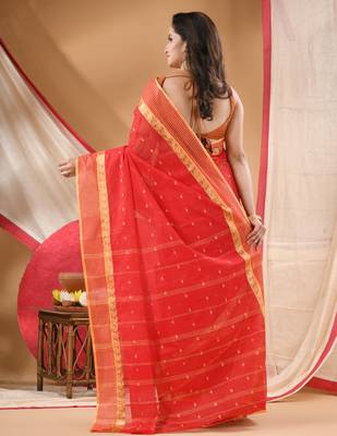 Women's tant cotton kolkini saree for women red without blouse 1