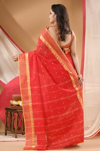 Women's tant cotton kolkini saree for women red without blouse