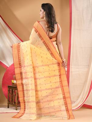 Women's tant cotton kolkini saree for women white red without blouse 1