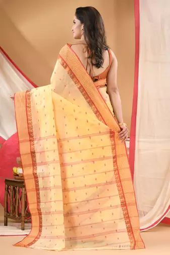 Women's tant cotton kolkini saree for women white red without blouse