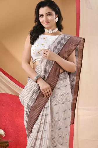 Women's tant cotton saree pearl design for woman brown without blouse