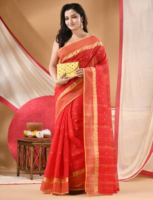 Women's tant cotton kolkini saree for women red without blouse 2