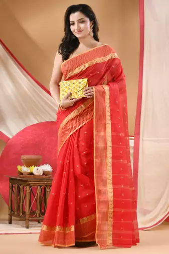 Women's tant cotton kolkini saree for women red without blouse