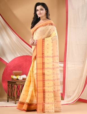 Women's tant cotton kolkini saree for women white red without blouse 2