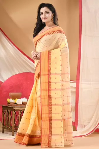Women's tant cotton kolkini saree for women white red without blouse