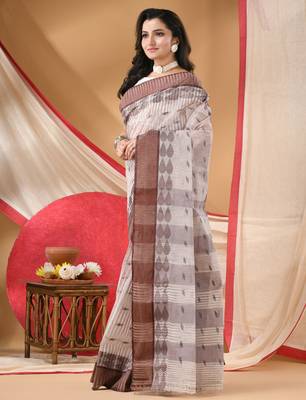 Women's tant cotton saree pearl design for woman brown without blouse 3
