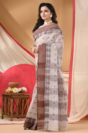 Women's tant cotton saree pearl design for woman brown without blouse