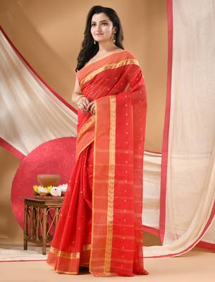 Women's tant cotton kolkini saree for women red without blouse 3