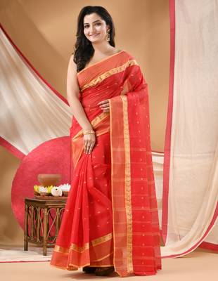 Women's tant cotton kolkini saree for women red without blouse 4